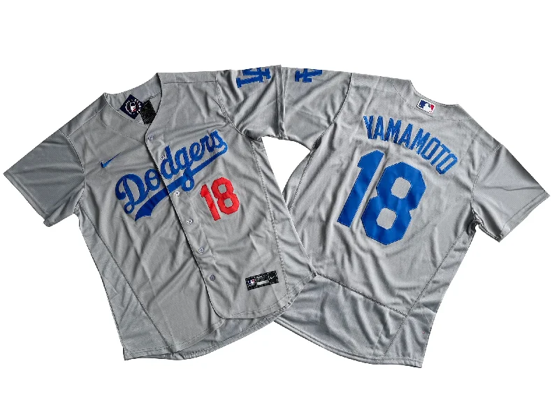 Baseball jersey with player name and team number-Los Angeles Dodgers #18 Yoshinobu Yamamoto Flexbase Royal Grey Jersey