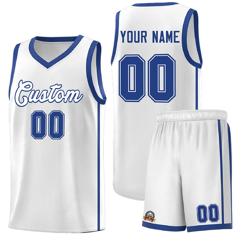 Custom basketball jersey with player number on sleeves-Custom White Royal Side Two Bars Sports Uniform Basketball Jersey