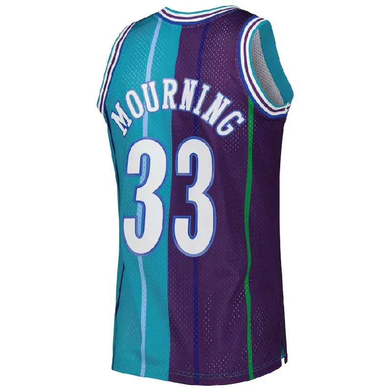 Custom team basketball jersey with sponsor logos-C.Hornets #33 Alonzo Mourning Mitchell & Ness Hardwood Classics 1992-93 Split Swingman Jersey Teal Purple Stitched American Basketball Jersey