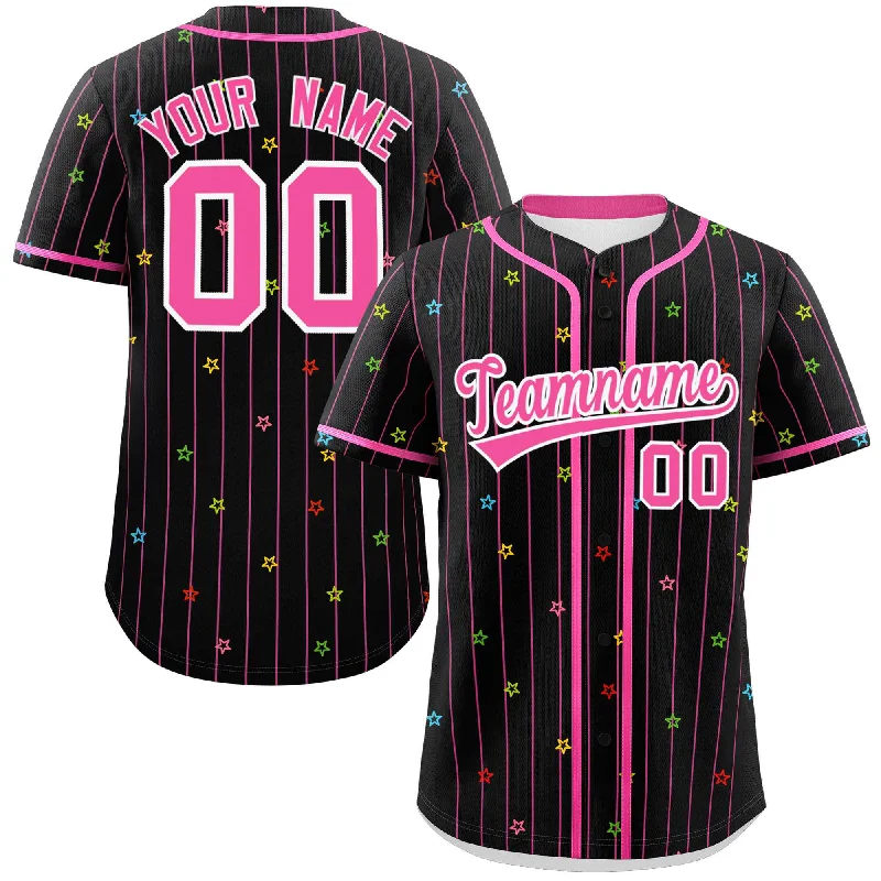 Personalized baseball jersey for youth leagues and academies-Custom Black Pink Stripe Fashion Personalized Star Pattern Authentic Baseball Jersey