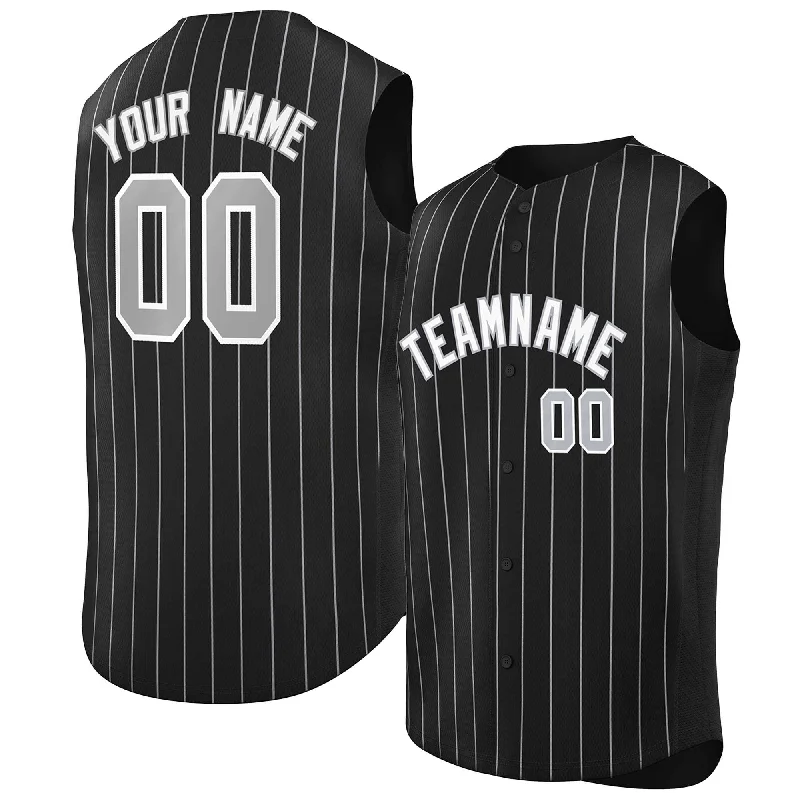 Classic button-down baseball jersey for team uniforms-Custom Black White-Gray Sleeveless Stripe Fashion Baseball Jersey