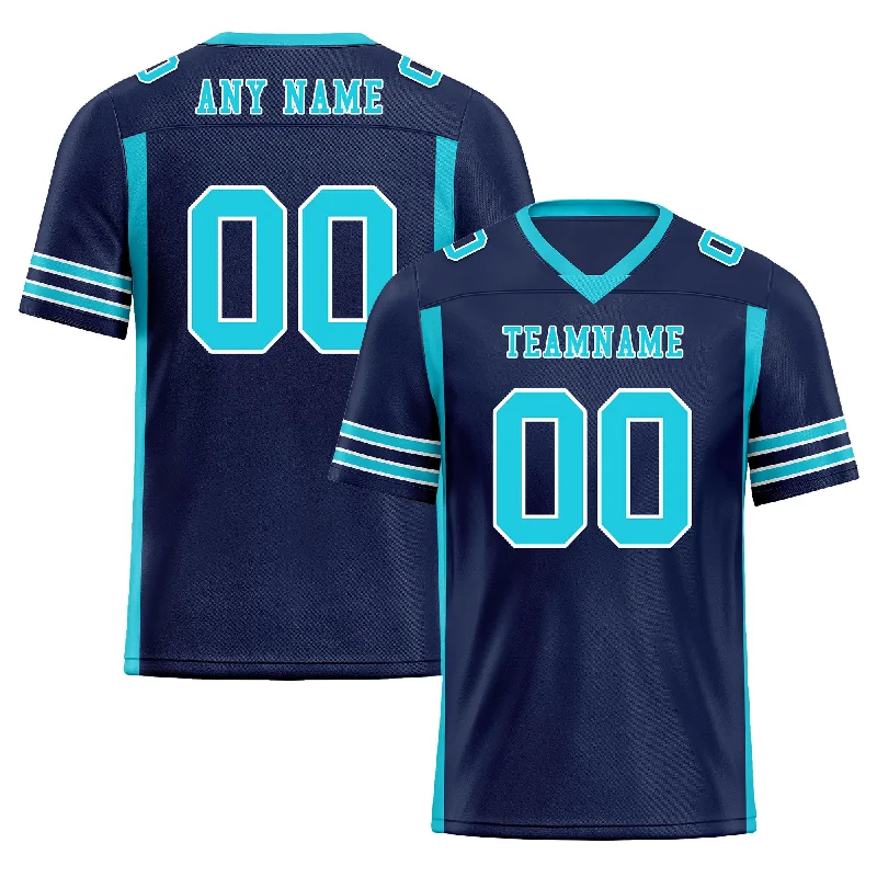 Personalized soccer jersey for youth leagues-Custom Navy Blue Turquoise Striped Sleeves Personalized Authentic Football Jersey FBJ02-D06079