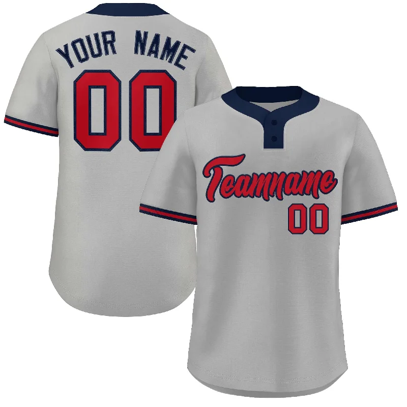 Personalized baseball jersey with embroidered team name-Custom Gray Red-Navy Classic Style Authentic Two-Button Baseball Jersey