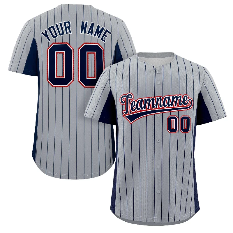 Lightweight baseball jersey for warm weather games-Custom Gray Navy Stripe Fashion Design Full Button Authentic Baseball Jersey