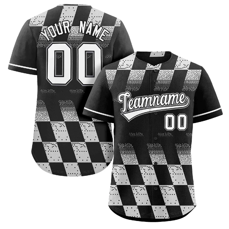 Team baseball jersey with extra padding for protection-Custom Black White Grid Speckles Color Block Design Authentic Baseball Jersey