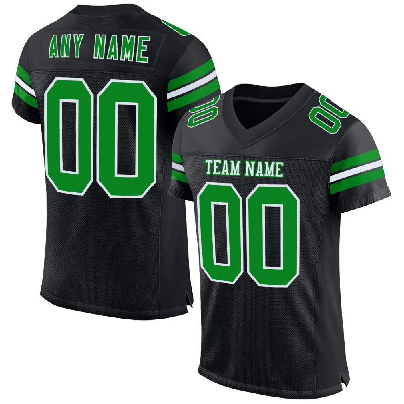 Soccer jersey with durable fabric for long-lasting wear-Custom Black Grass Green-White Mesh Authentic Football Jersey