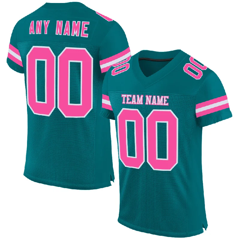 Custom soccer jersey for custom graphics and designs-Custom Teal Pink-White Mesh Authentic Football Jersey