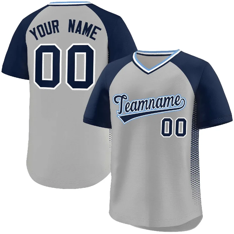 Baseball jersey with breathable mesh fabric-Custom Gray Navy Raglan Sleeves Side Spot Authentic Pullover Baseball Jersey