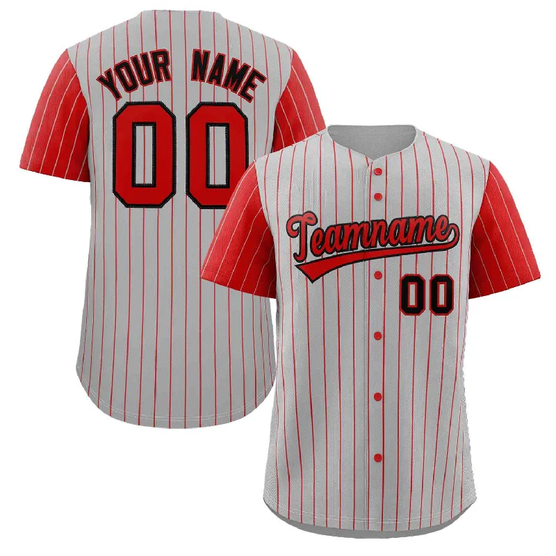 Baseball jersey with stretchable fabric for better movement-Custom Gray Red-Black Stripe Fashion Raglan Sleeves Authentic Baseball Jersey