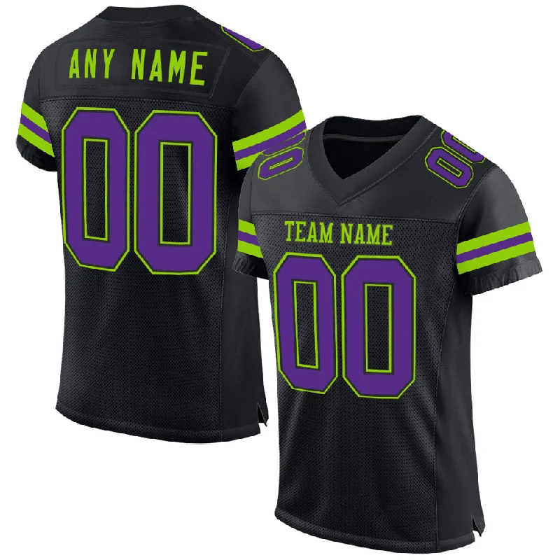 Custom-fit soccer jersey for men and women-Custom Black Purple-Neon Green Mesh Authentic Football Jersey