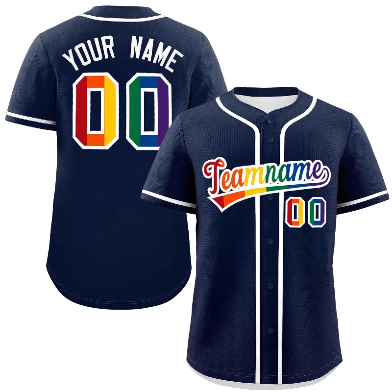 Custom baseball jersey with heat-transfer numbers and names-Custom Navy LGBT Rainbow For Pride Month Classic Style Authentic Baseball Jersey