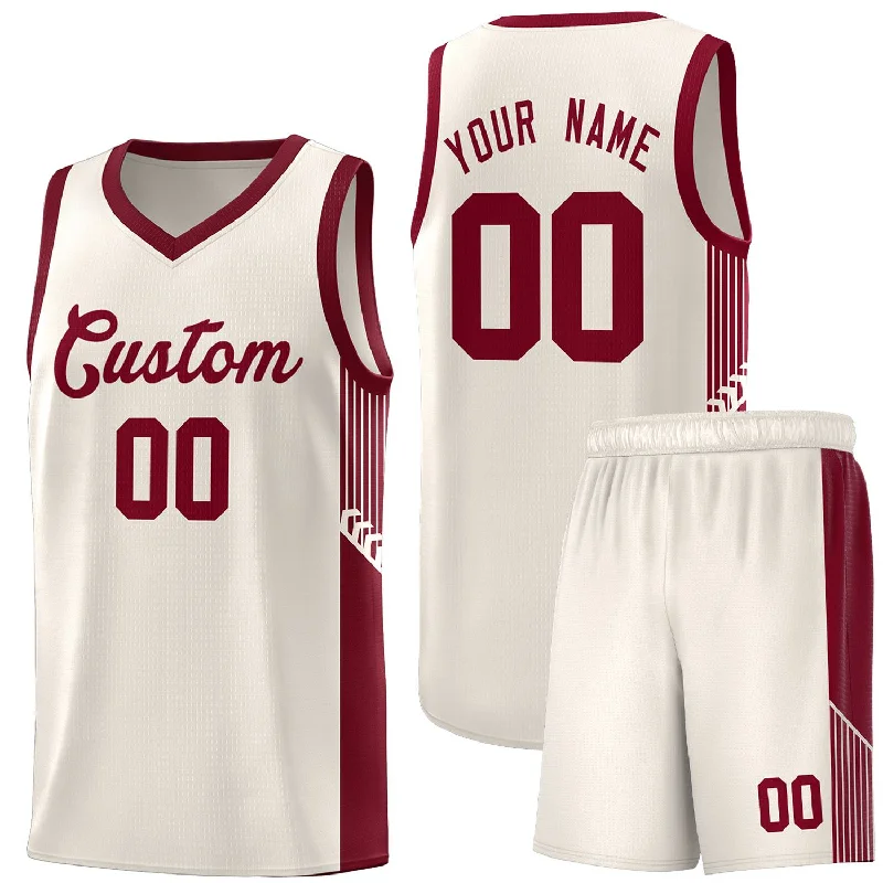 Custom basketball jersey with bold graphic designs-Custom Khaki Crimson Side Stripe Fashion Sports Uniform Basketball Jersey