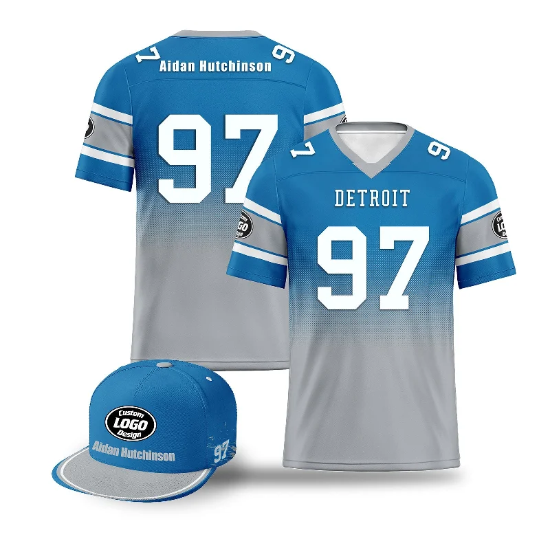 Custom soccer jersey with bold team colors-Custom Blue Gray Detroit Football Jersey and Hat Combo Offer Personalized Combo ZH-D020326-11