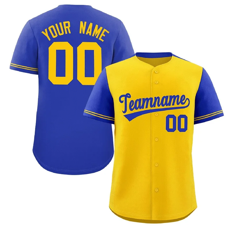 Professional baseball jersey for major leagues-Custom Gold Royal Color Block Personalized Raglan Sleeves Authentic Baseball Jersey