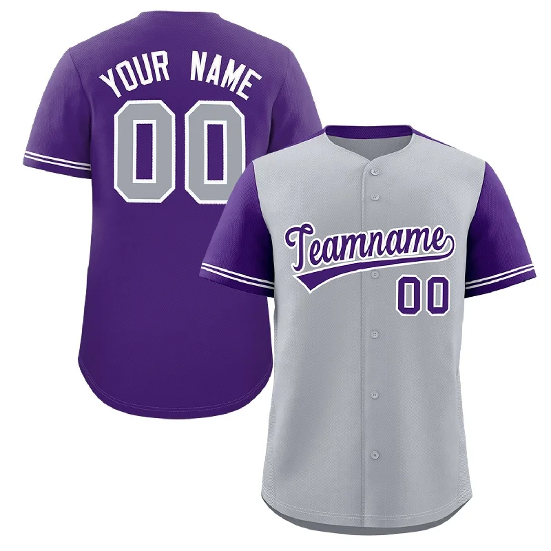 Custom baseball jersey for alumni events-Custom Gray Purple Color Block Personalized Raglan Sleeves Authentic Baseball Jersey