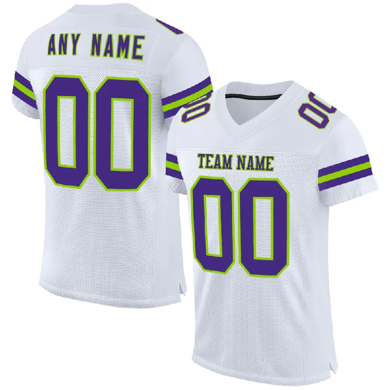 Soccer jersey with moisture-wicking technology for staying dry-Custom White Purple-Neon Green Mesh Authentic Football Jersey