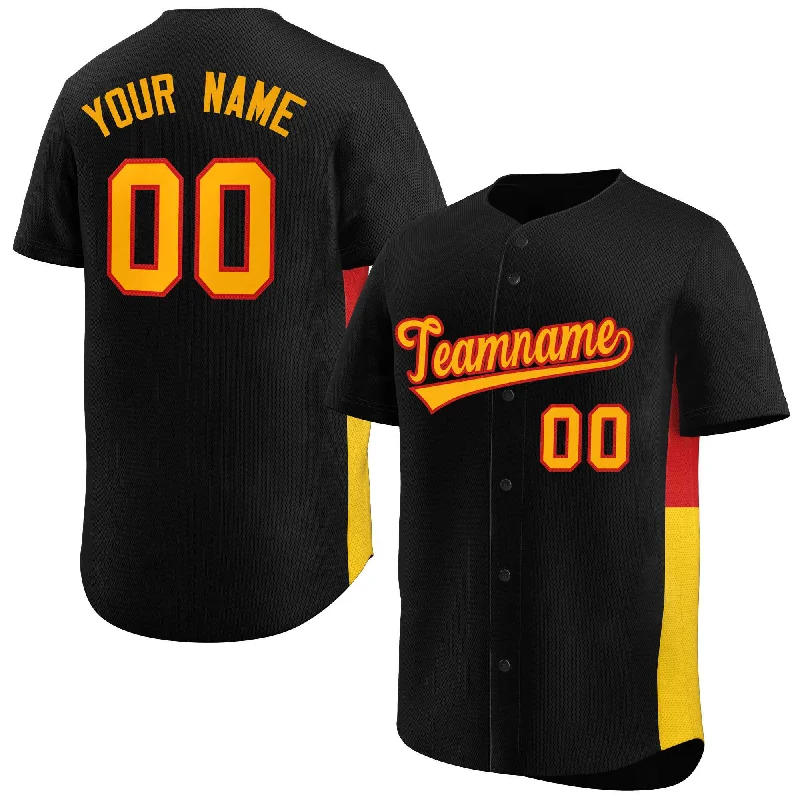 Team baseball jerseys with embroidered logos and lettering-Custom Black Yellow-Red Personalized Side Two-Tone Design Authentic Baseball Jersey