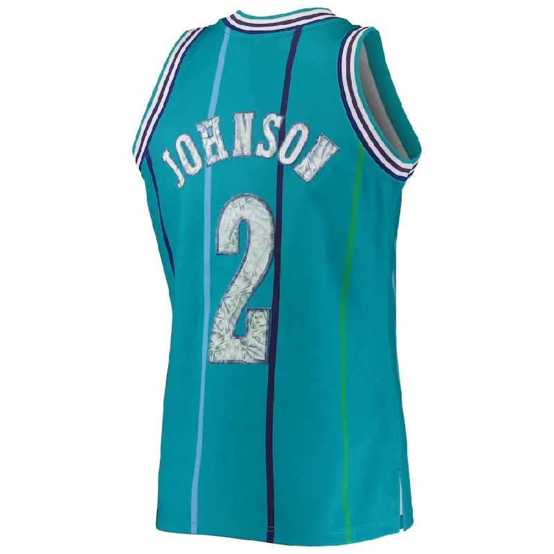 Basketball jersey with stylish design for casual wear-C.Hornets #2 Larry Johnson Mitchell & Ness 1996-97 Hardwood Classics 75th Anniversary Diamond Swingman Jersey Teal Stitched American Basketball Jersey