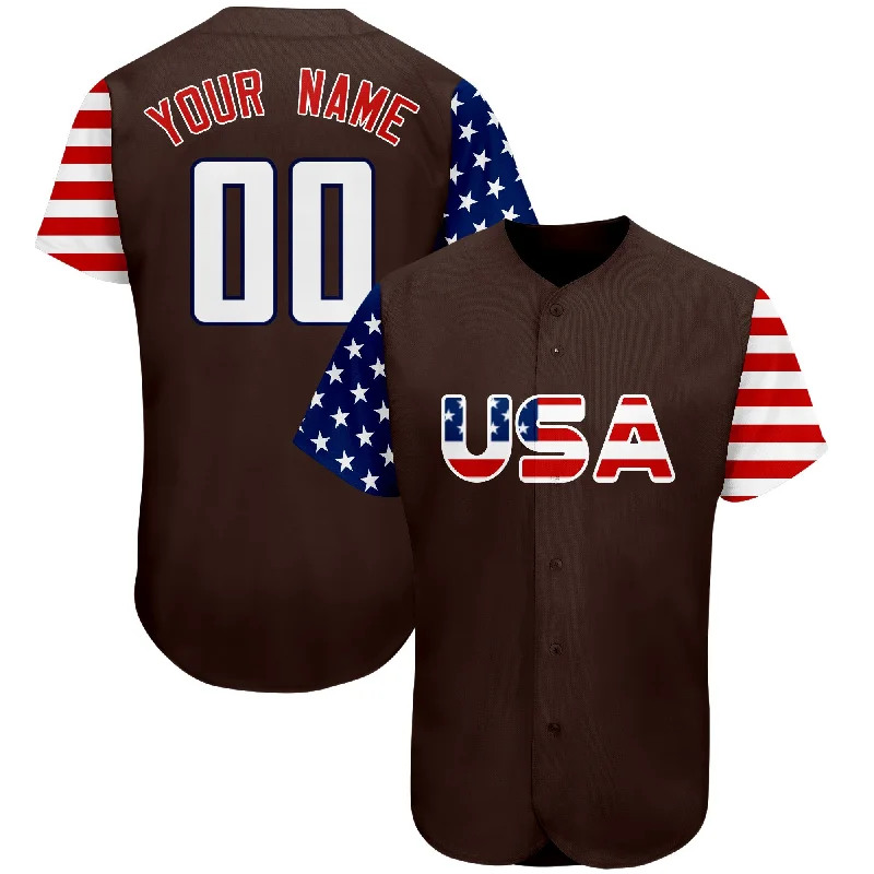 Baseball jersey for youth leagues and tournaments-Custom Brown White-Navy American Flag Authentic Baseball Jersey