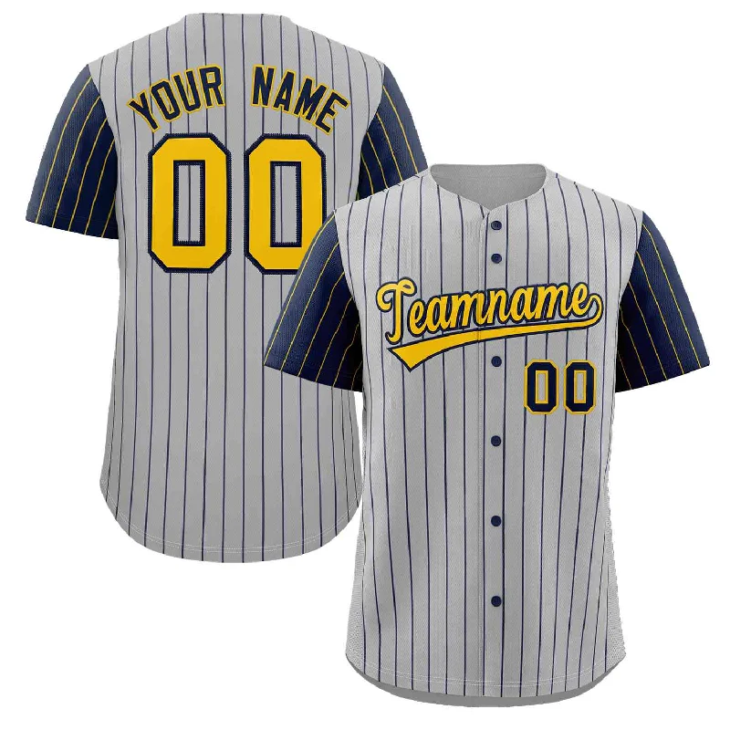 Baseball jersey with mesh paneling for air circulation-Custom Gray Gold-Navy Stripe Fashion Raglan Sleeves Authentic Baseball Jersey