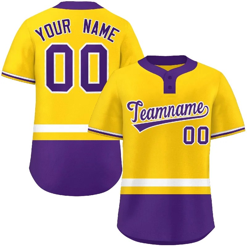 Baseball jersey with moisture-wicking technology-Custom Gold White-Purple Color Block Personalized Authentic Two-Button Baseball Jersey