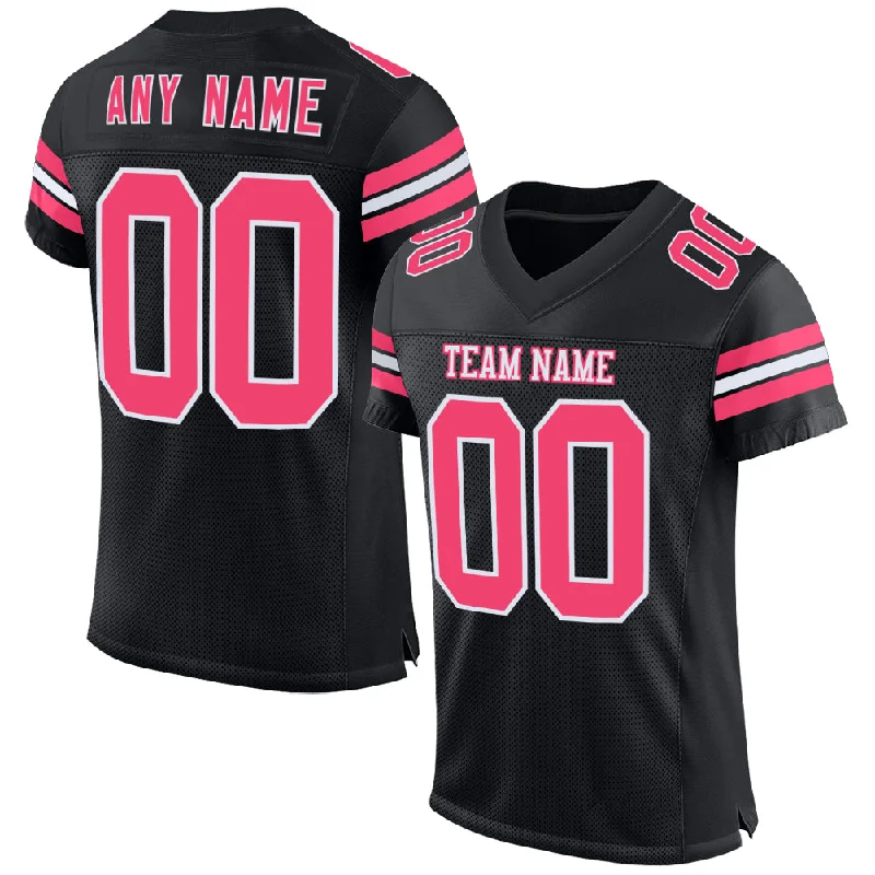 Custom soccer jersey for fan apparel-Custom Black Neon Pink-White Mesh Authentic Football Jersey