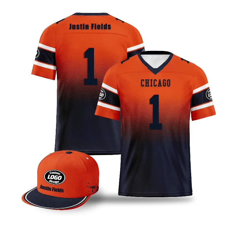 Soccer jersey with moisture-wicking technology-Custom Orange Blue Chicago Football Jersey and Hat Combo Offer Personalized Combo ZH-D020326-7