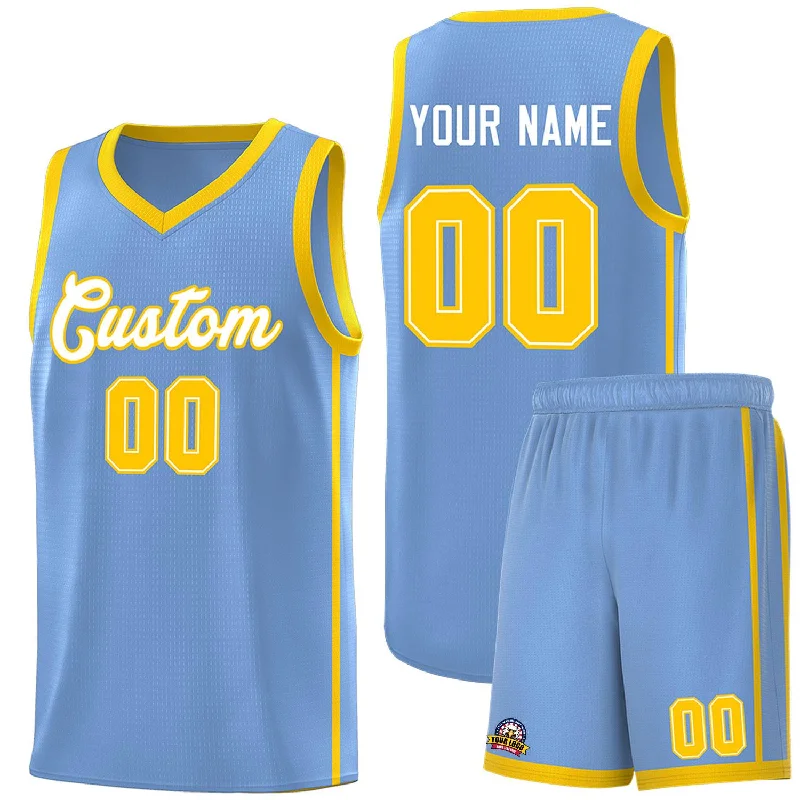 Custom basketball jersey with full-button design for classic style-Custom Light Blue White-Gold Side Two Bars Sports Uniform Basketball Jersey