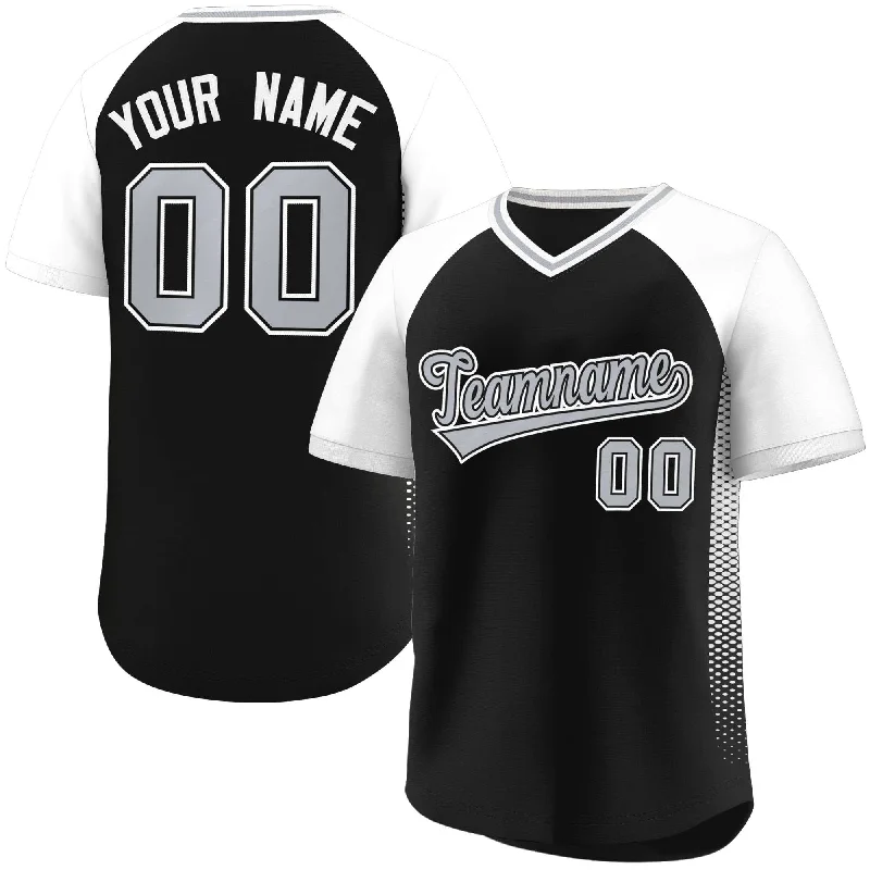 Baseball jersey for gym wear with modern style-Custom Black White Raglan Sleeves Side Spot Authentic Pullover Baseball Jersey