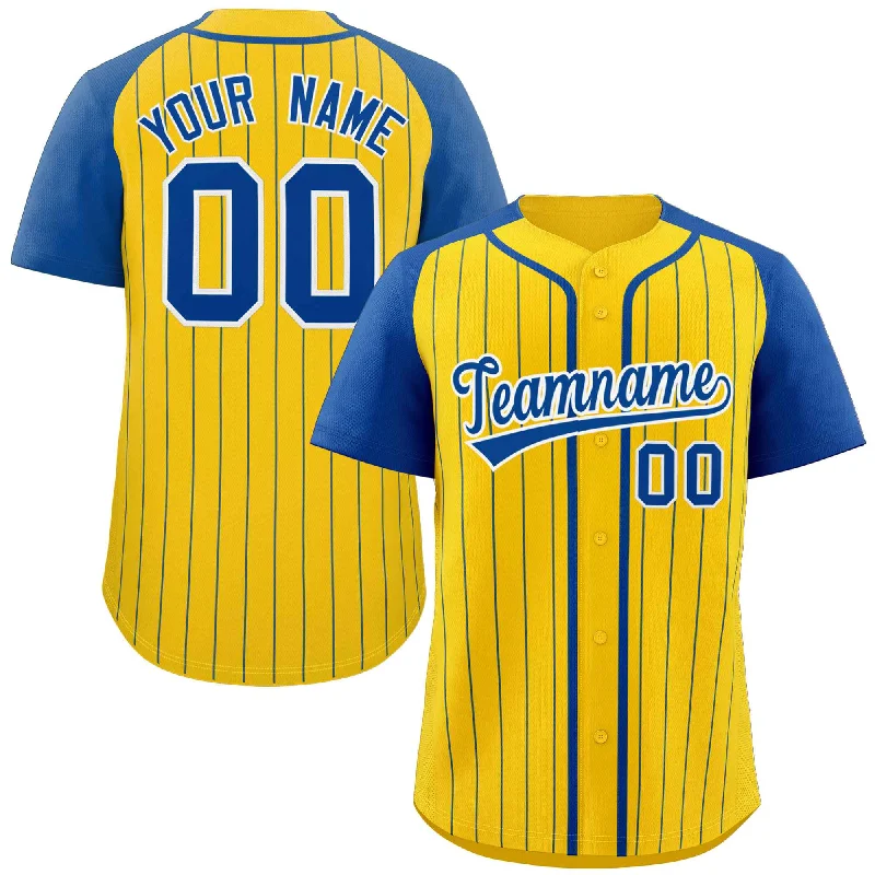 Baseball jersey with bold team logos and symbols-Custom Gold Royal-White Stripe Fashion Raglan Sleeves Authentic Baseball Jersey