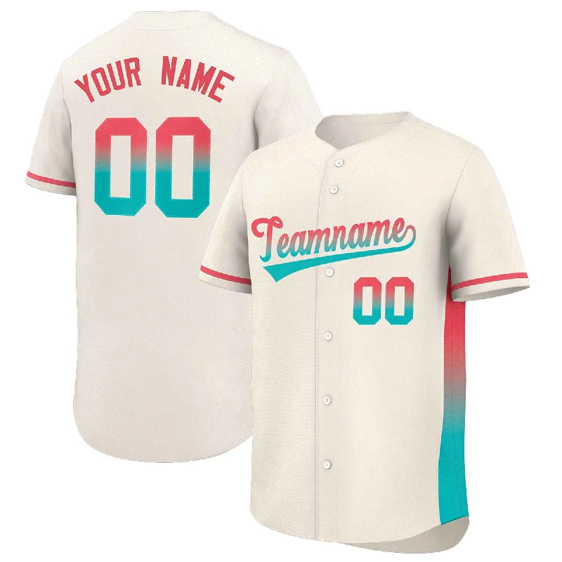 Personalized baseball jersey with unique collar styles-Custom Cream Lt Red-Aqua Personalized Gradient Font And Side Design Authentic Baseball Jersey