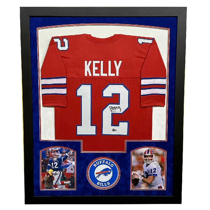 Soccer jersey with unique prints for casual wear-Jim Kelly Signed Red Custom Suede Matte Framed Football Jersey