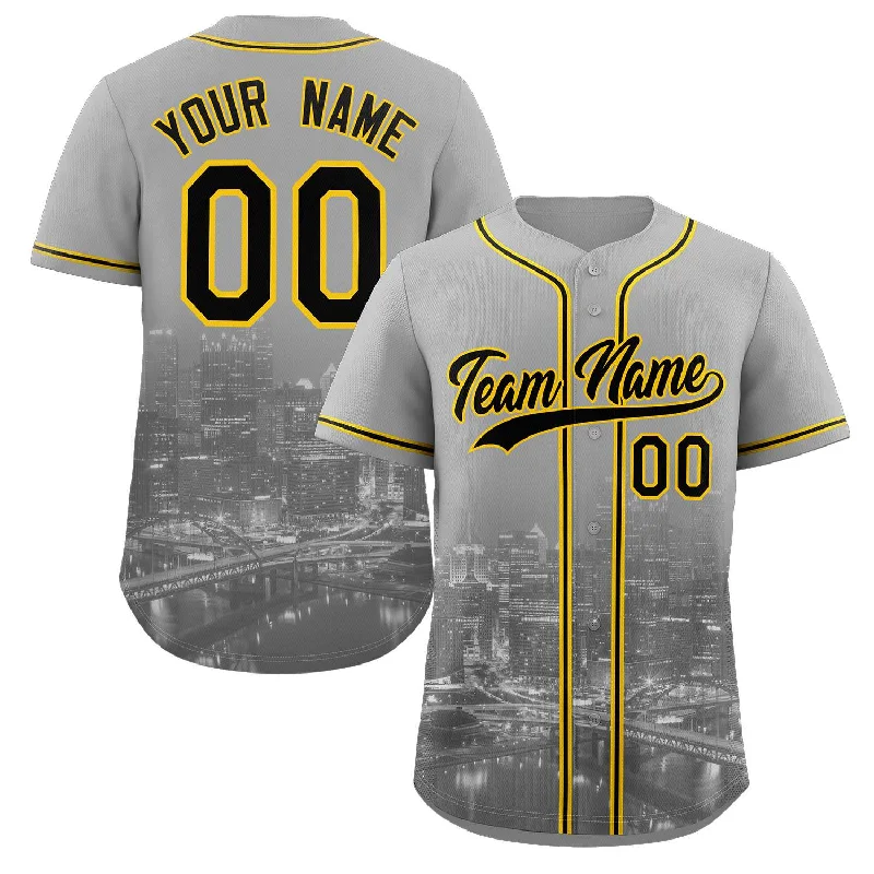 Custom baseball jersey for charity sports events-Custom Gray Black-Yellow Pittsburgh City Connect Baseball Jersey