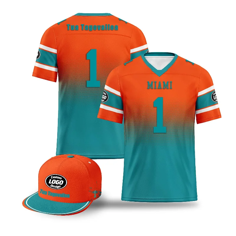 Soccer jersey with breathable mesh for high performance-Custom Orange Blue Miami Football Jersey and Hat Combo Offer Personalized Combo ZH-D020326-24