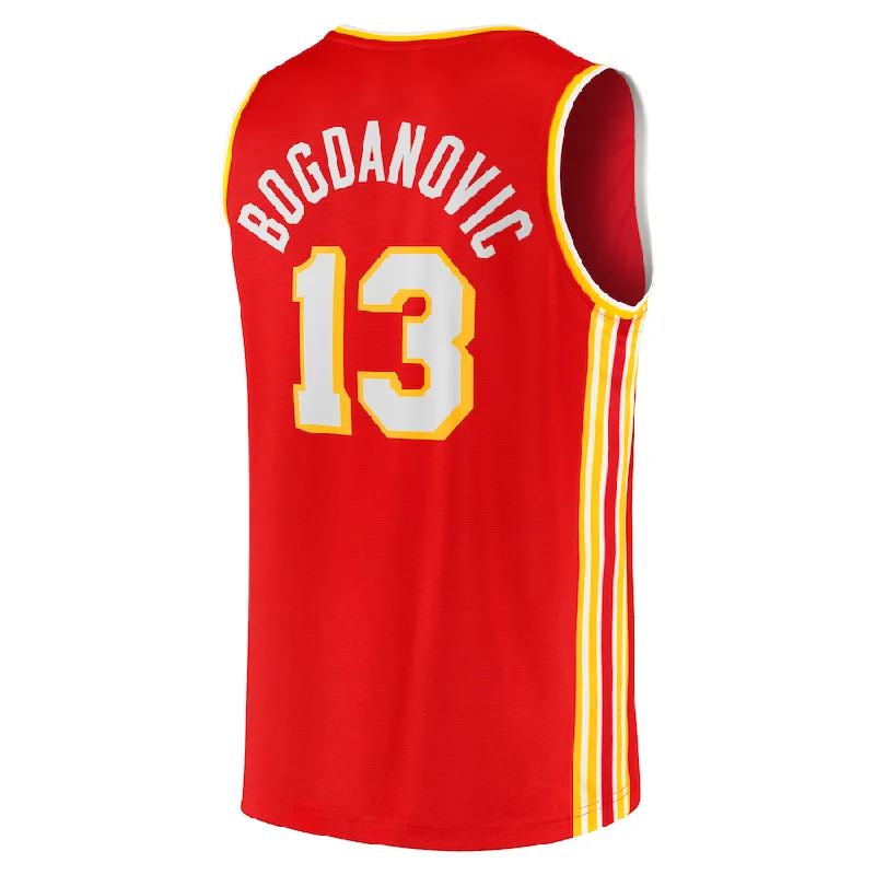 Basketball jersey for tournaments with custom logos-A.Hawks #13 Bogdan Bogdanovic Fanatics Branded 2021-22 Fast Break Replica Jersey Icon Edition Red Stitched American Basketball Jersey