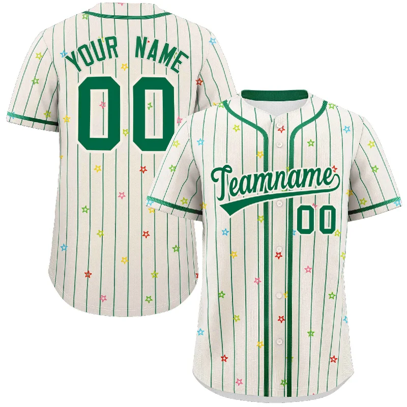 Baseball jersey with stitched lettering and numbers-Custom Cream Kelly Green Stripe Fashion Personalized Star Pattern Authentic Baseball Jersey