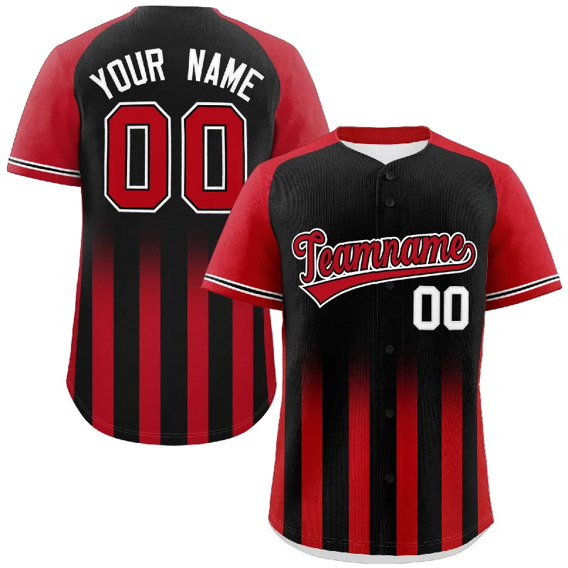 Custom team baseball jerseys with sponsor logos-Custom Black Red Raglan Sleeves Gradient Thick Stripe Authentic Baseball Jersey