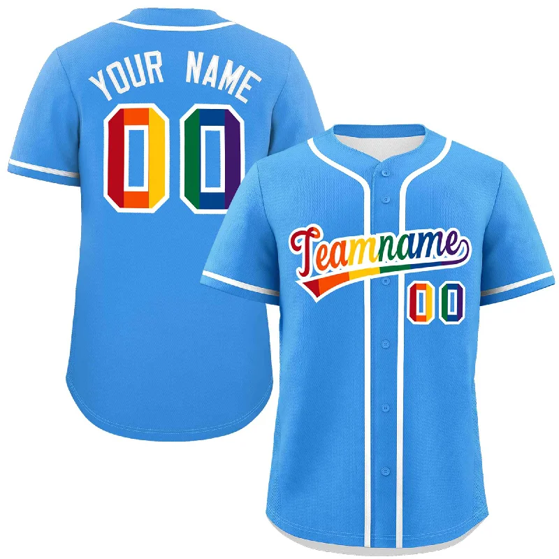 Baseball jersey for indoor games with breathable fabric-Custom Powder Blue LGBT Rainbow For Pride Month Classic Style Authentic Baseball Jersey