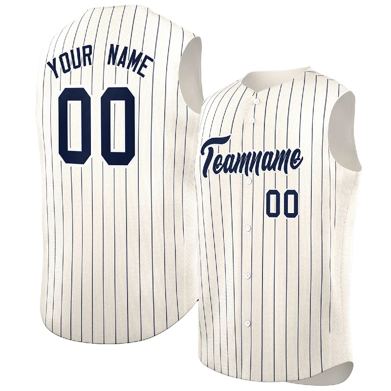 Custom baseball jersey for amateur leagues-Custom Cream Navy-White Sleeveless Stripe Fashion Baseball Jersey