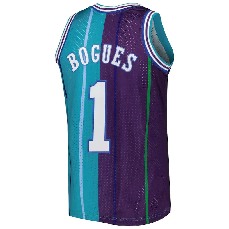 Personalized basketball jersey with custom design-C.Hornets #1 Muggsy Bogues Mitchell & Ness Hardwood Classics 1992-93 Split Swingman Jersey Teal Purple Stitched American Basketball Jersey