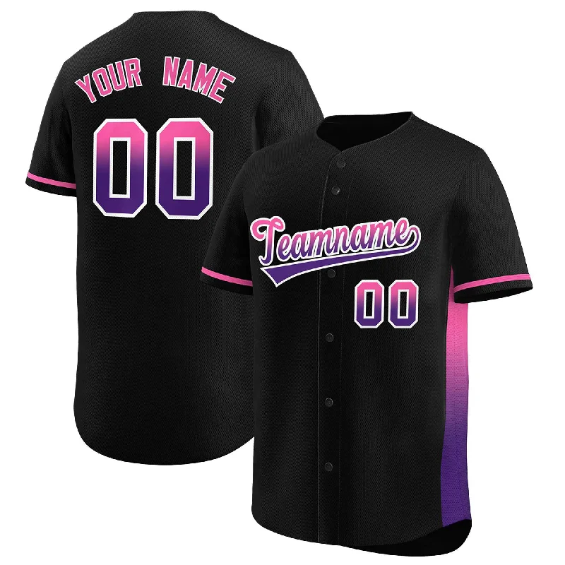 Baseball jersey for kids with team design-Custom Black Pink-Purple Personalized Gradient Font And Side Design Authentic Baseball Jersey