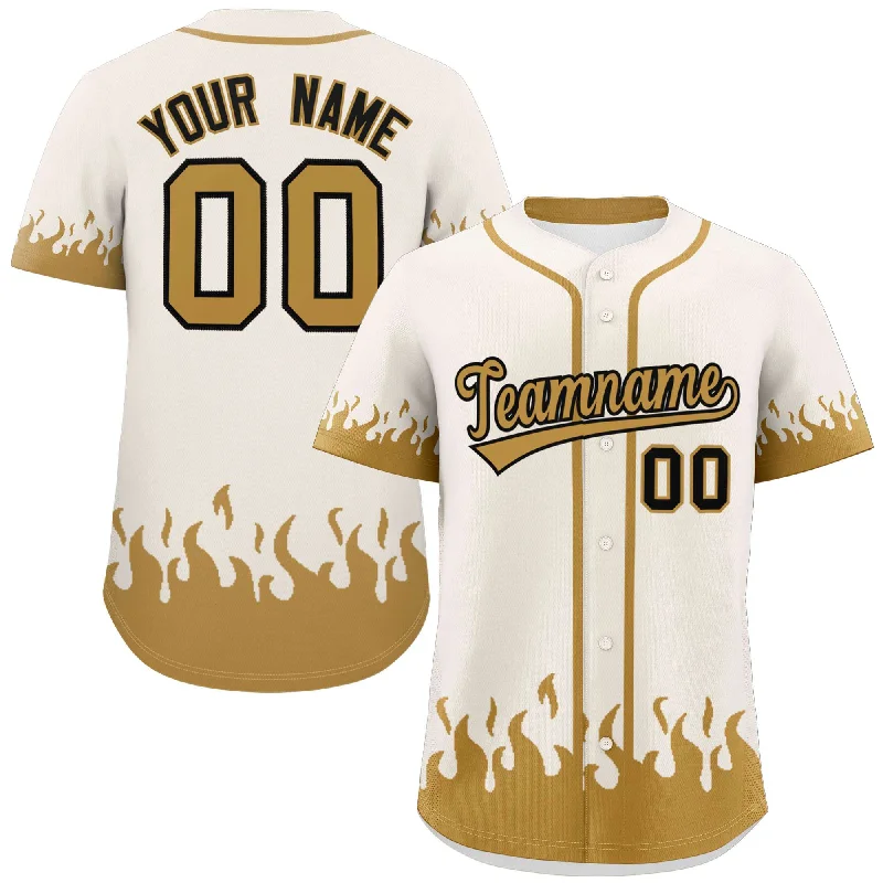 Baseball jersey with contrast trims and piping for style-Custom Cream Old Gold Personalized Flame Graffiti Pattern Authentic Baseball Jersey