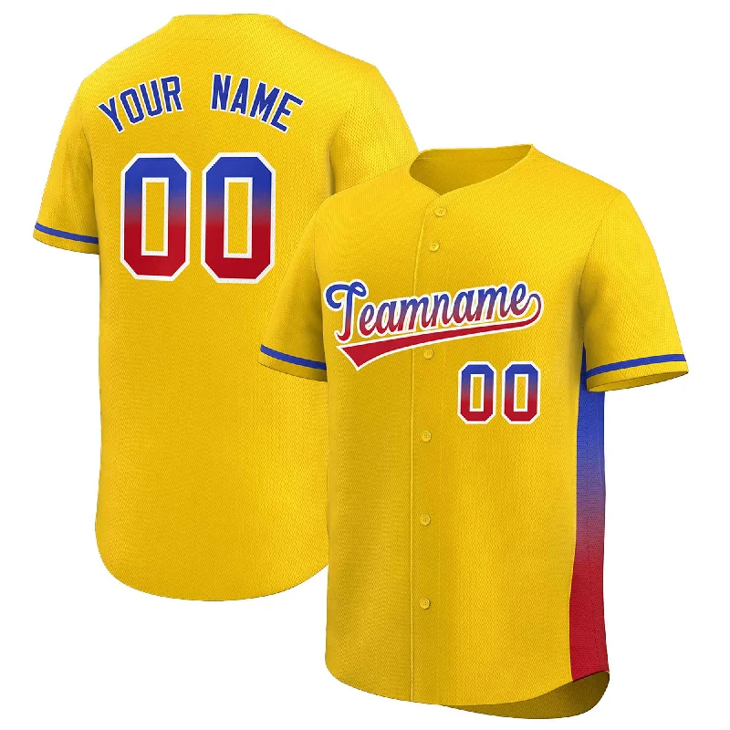 Baseball jersey for fans with team colors-Custom Gold Royal-Red Personalized Gradient Font And Side Design Authentic Baseball Jersey