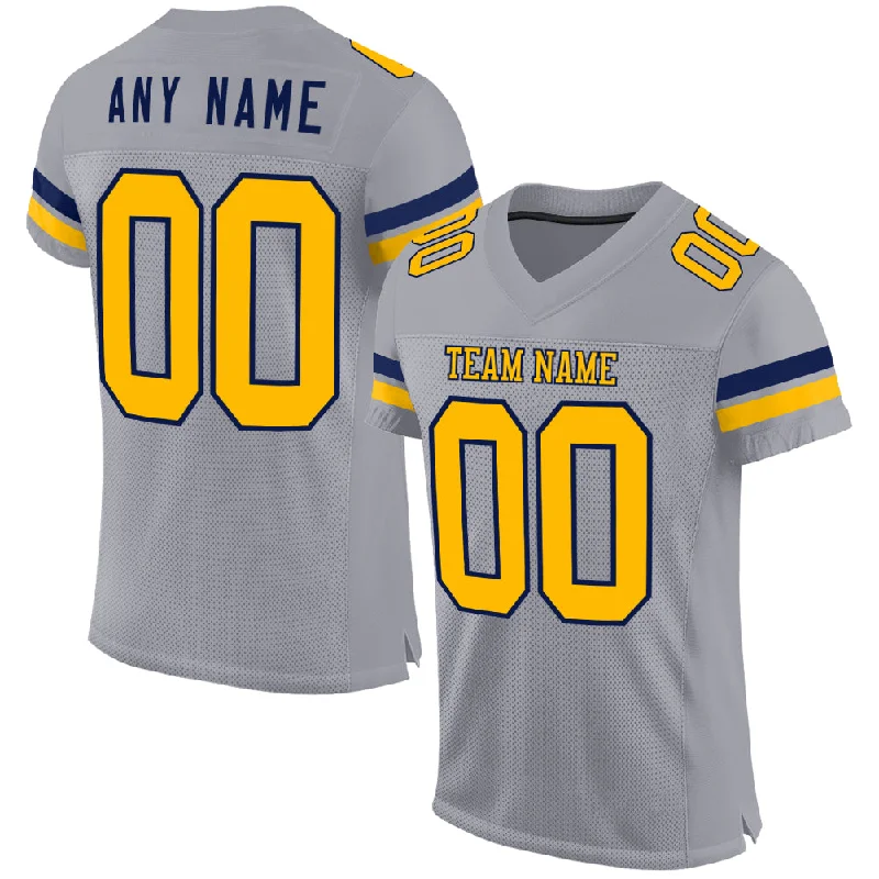 Custom soccer jersey with bright color blocking-Custom Gray Gold-White Mesh Authentic Football Jersey