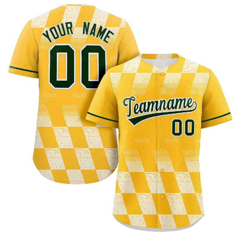 Baseball jersey with breathable design for hot weather-Custom Gold White Grid Speckles Color Block Design Authentic Baseball Jersey