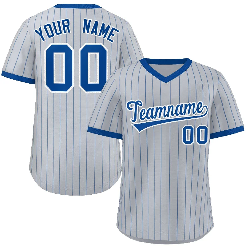 Baseball jersey with bold team logos and symbols-Custom Gray Royal Stripe Fashion Authentic Pullover Baseball Jersey