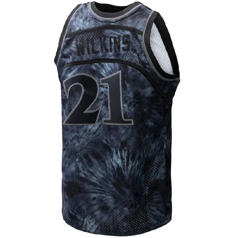 Basketball jersey for fan events with team spirit designs-A.Hawks #21 Dominique Wilkins Mitchell & Ness Unisex Hardwood Classics 1986-87 Tie-Dye Swingman Jersey Black Stitched American Basketball Jersey