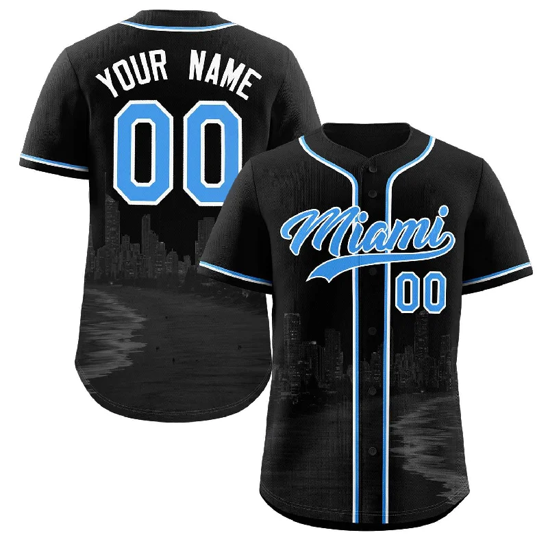 Baseball jersey with breathable design for hot weather-Custom Black Powder Blue-White Miami City Connect Baseball Jersey