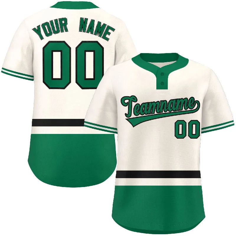 Custom baseball jersey for alumni events-Custom Cream Black-Kelly Green Color Block Personalized Authentic Two-Button Baseball Jersey