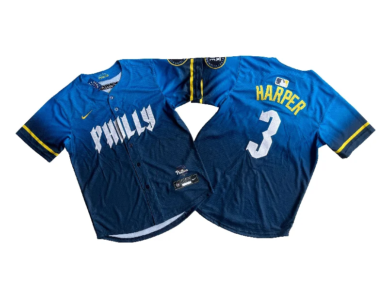 Baseball jersey with stretchable fabric for better movement-KID Youth Philadelphia Phillies Bryce Harper #3 Blue 2024 City Connect Limited Player Jersey